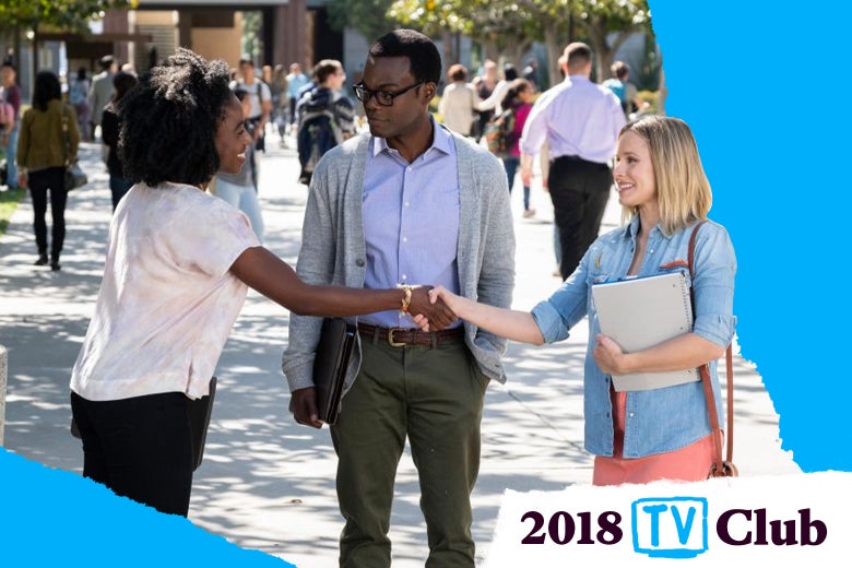 Eleanor (Kristen Bell) and Chidi (William Jackson Harper) in The Good Place Season 3 back on Earth in Australia.